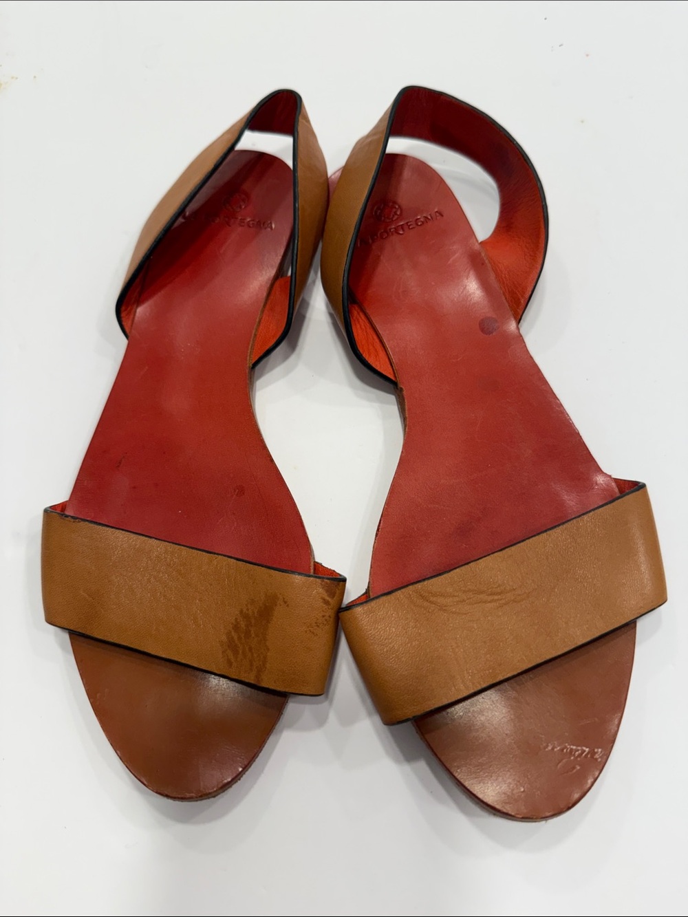 La Portegna Tan Leather Open-Toe Sandals with Red Footbed sling back size 8